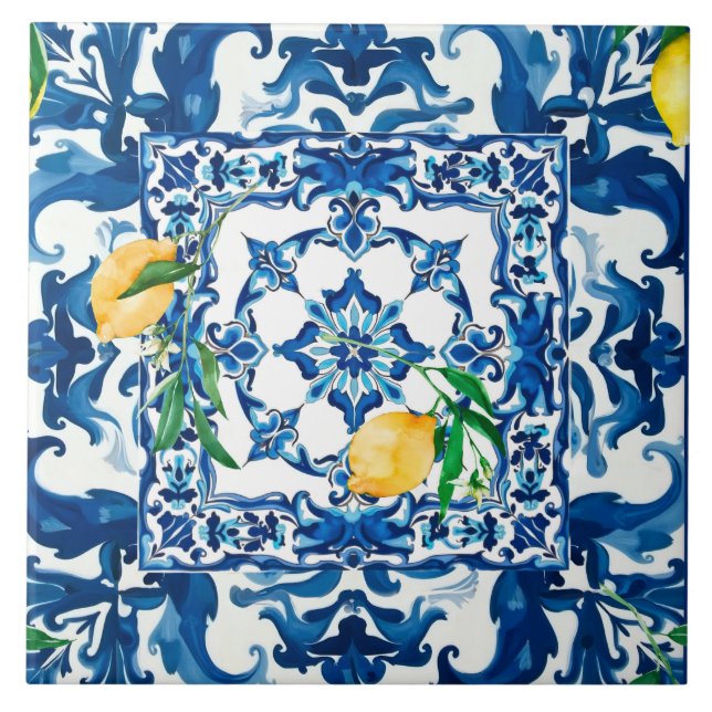 Azulejo estilo italiano, mediterráneo, mosaico, azul, (Frente)