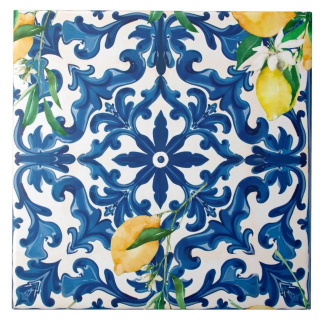 Azulejo estilo italiano, mediterráneo, mosaico, azul, (Frente)