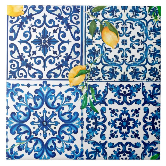 Azulejo estilo italiano, mediterráneo, mosaico, azul, limó (Frente)