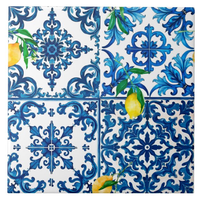 Azulejo estilo italiano, mediterráneo, mosaico, azul, limó (Frente)