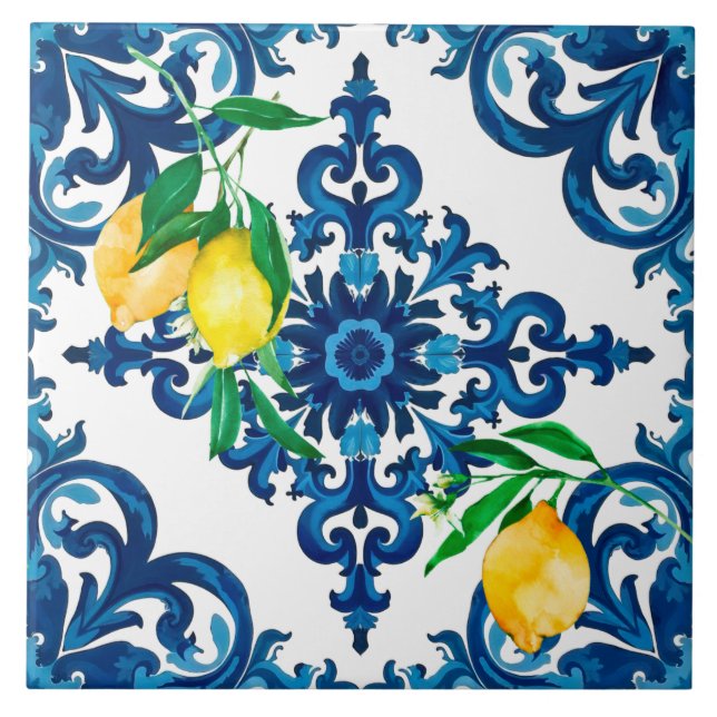 Azulejo estilo italiano, mosaico, azul, limón, (Frente)
