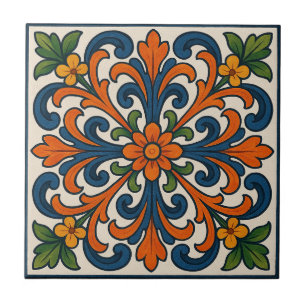 Azulejo Estilo Medallón Floral Pintado A Mano