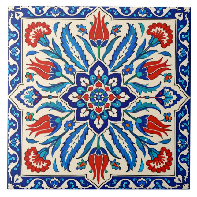 Azulejo Estilo Otomano Patrón Tulipán Azul Rojo (Frente)