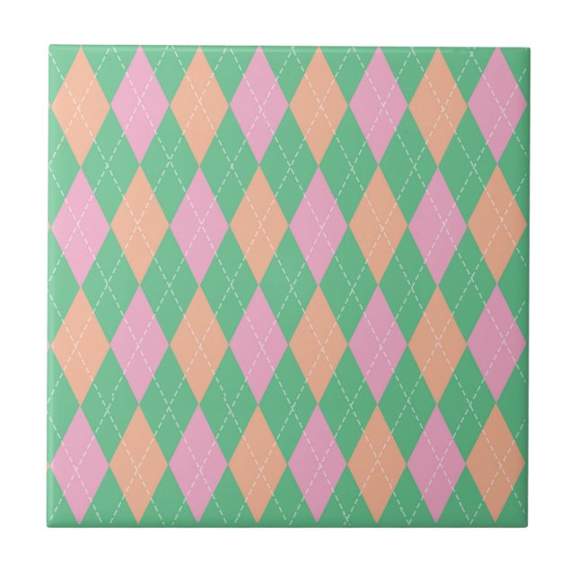 Azulejo Estilo Patrón Argyle Verde Naranja Rosa (Frente)