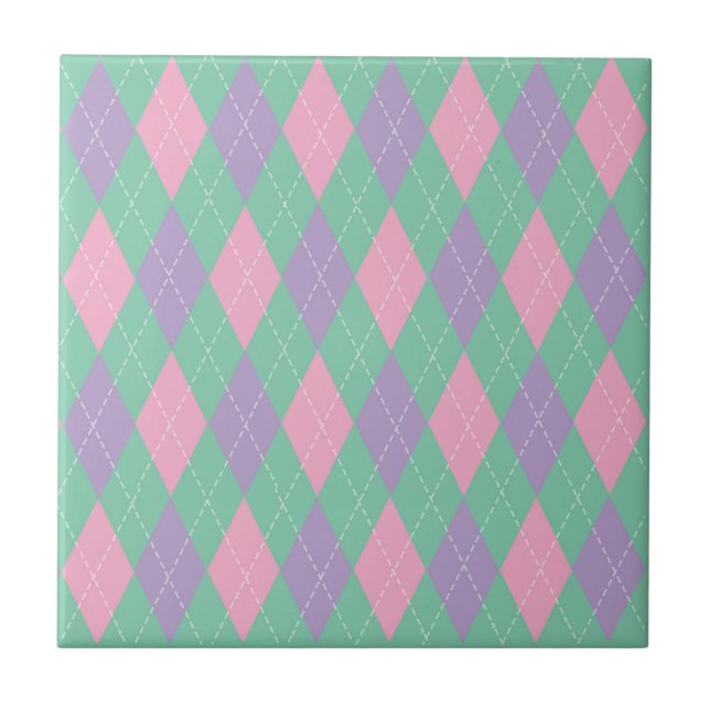 Azulejo Estilo Patrón Argyle Verde Naranja Rosa (Frente)