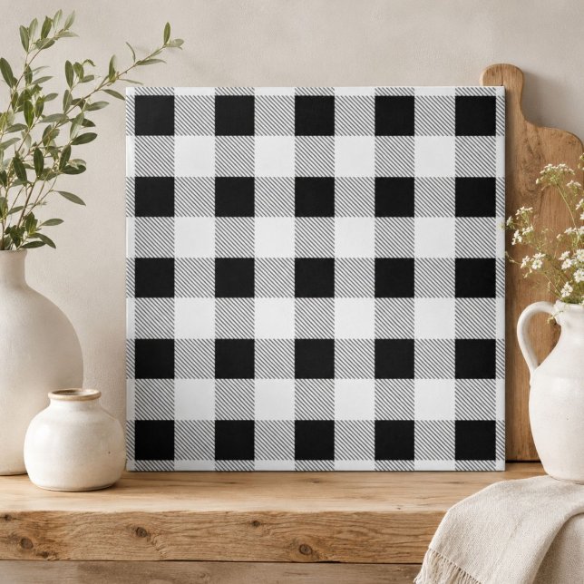Azulejo estilo rústico de granja chic a cuadros negro y bl (rustic farmhouse chic black and white plaid ceramic tile)