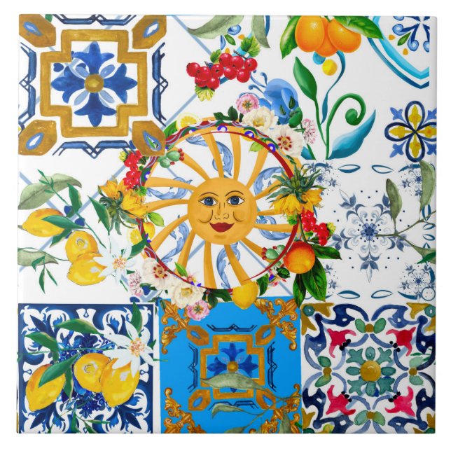 Azulejo Estilo siciliano, arte de verano, limones (Frente)