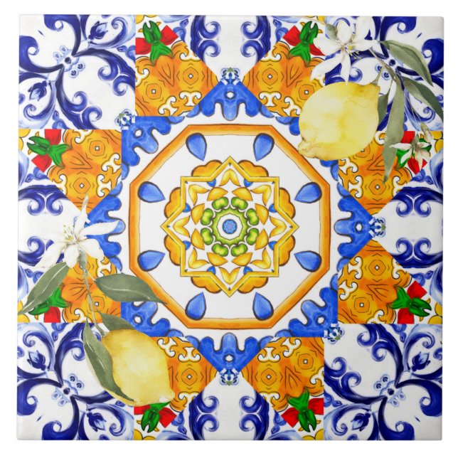 Azulejo Estilo siciliano,limones,mayólica tela cerámica (Frente)