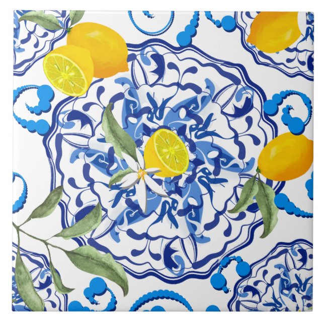 Azulejo Estilo siciliano, mayólica, limones                (Frente)