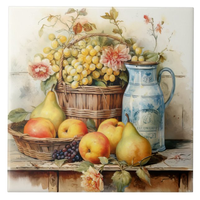 Azulejo Estilo Viejo-Mundo De La Vida Aún Vivida Tile Cerá (Frente)