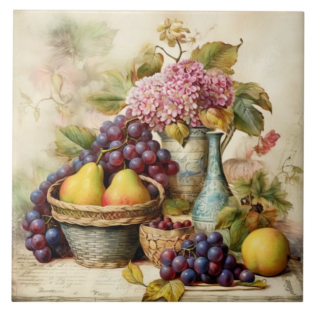 Azulejo Estilo Viejo-Mundo De La Vida Aún Vivida Tile Cerá (Frente)