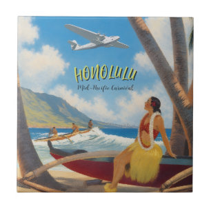 Azulejo Estilo Vintage Hawaiano Viaje Honolulu Chica Hula