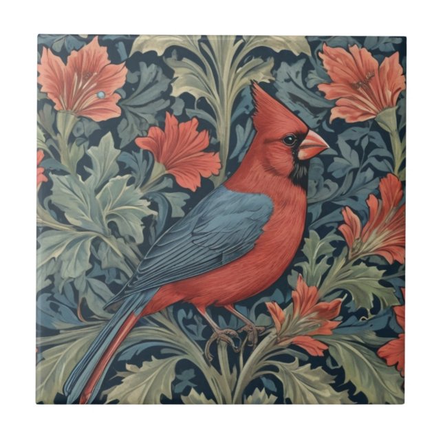 Azulejo Estilo William Morris Cardenal Rojo Pájaro R flora (Frente)