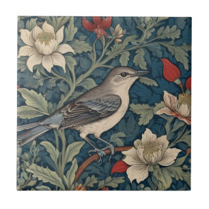Azulejo Estilo William Morris Flor de ave derecha Mockingb