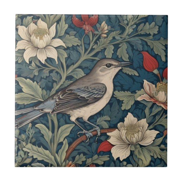 Azulejo Estilo William Morris Flor de ave derecha Mockingb (Frente)