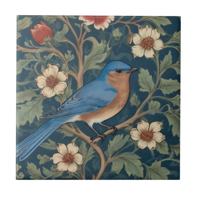 Azulejo Estilo William Morris Frente al pájaro azul (Frente)
