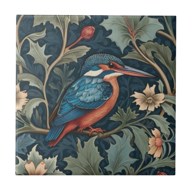 Azulejo Estilo William Morris Frente al pájaro Kingfisher (Frente)