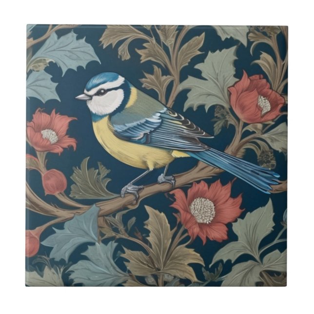 Azulejo Estilo William Morris Izquierda frente a Bird Blue (Frente)