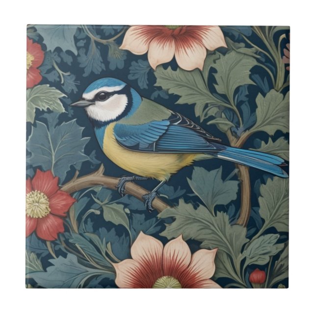 Azulejo Estilo William Morris Izquierda frente a Bird Blue (Frente)