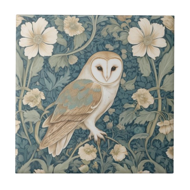Azulejo Estilo William Morris Lechuza crema Verde azulada  (Frente)