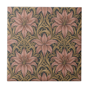 Azulejo Estilo William Morris Patrón Floral Rosa Lirio Osc