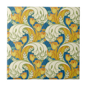 Azulejo Estilo William Morris Tulipán Floral Teal y Dorado
