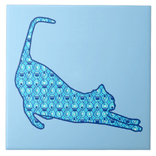Azulejo Estirando silueta de gato en un patrón azul de Lot