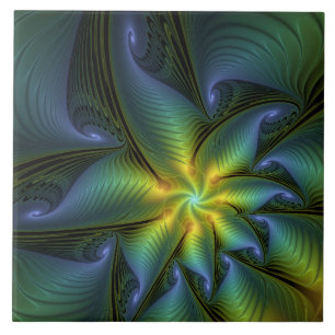 Azulejo Estrella abstracta, brillante arte azul verde dora