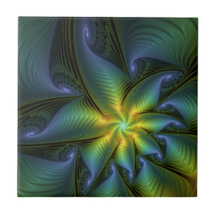 Azulejo Estrella abstracta, brillante arte azul verde dora