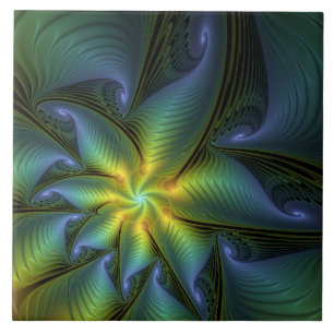 Azulejo Estrella abstracta, brillante arte azul verde dora