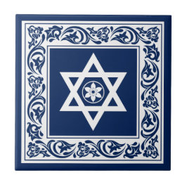 Azulejo Estrella de David judía blanca con barroco azul
