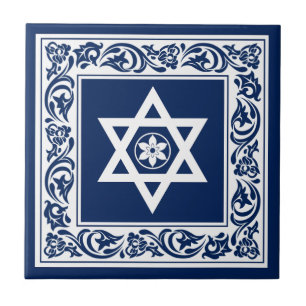Azulejo Estrella de David judía blanca con barroco azul