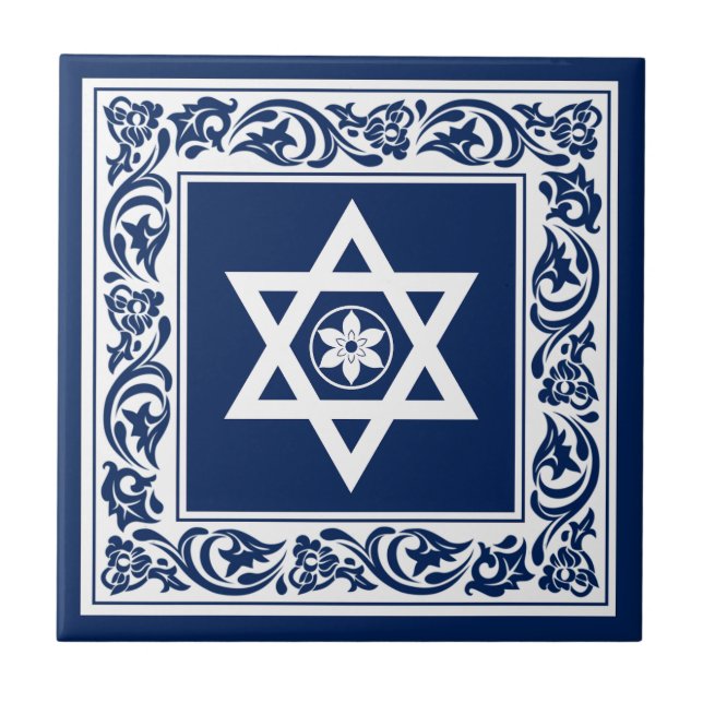 Azulejo Estrella de David judía blanca con barroco azul (Frente)