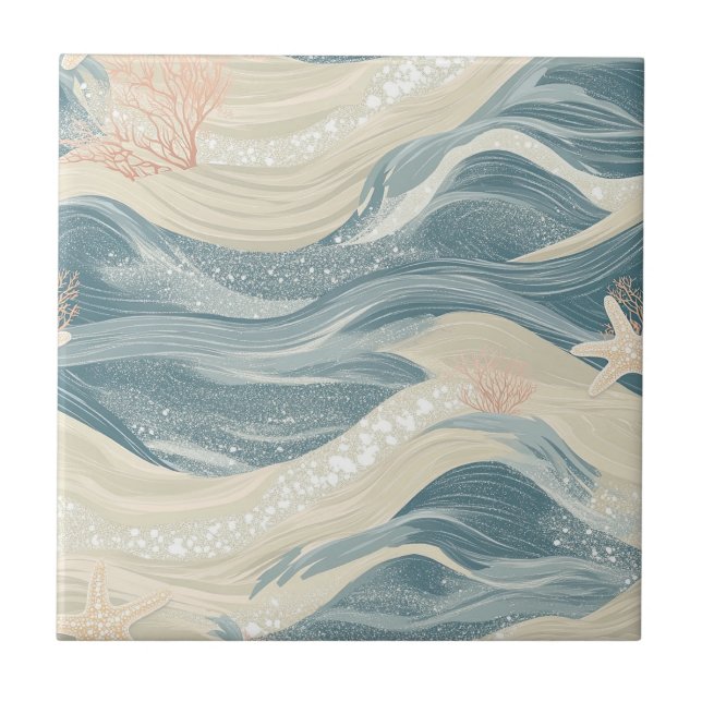 Azulejo Estrella de mar costera en patrón de ondas de aren (Frente)