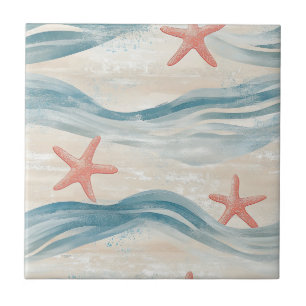 Azulejo Estrella de mar costera sobre patrón de olas de ar