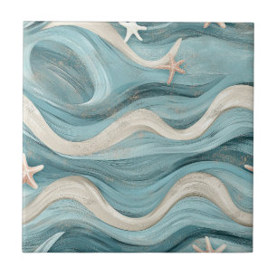 Azulejo Estrella de mar costera sobre patrón de olas de ar