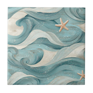 Azulejo Estrella de mar costera sobre patrón de olas de ar