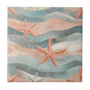 Azulejo Estrella de mar costera sobre patrón de ondas de a