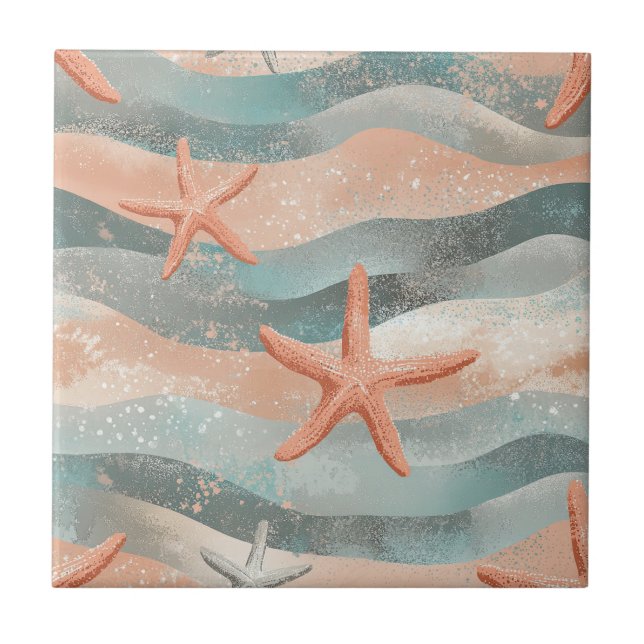 Azulejo Estrella de mar costera sobre patrón de ondas de a (Frente)