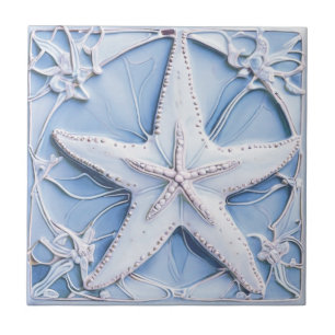 Azulejo Estrella de mar Starfish Azul Art Nouveau Faux Rel