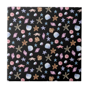 Azulejo Estrella de mar y concha de verano azul y púrpura