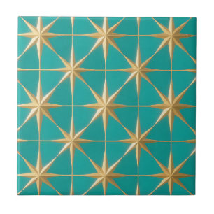 Azulejo Estrella dorada en explosión geométrica turquesa d