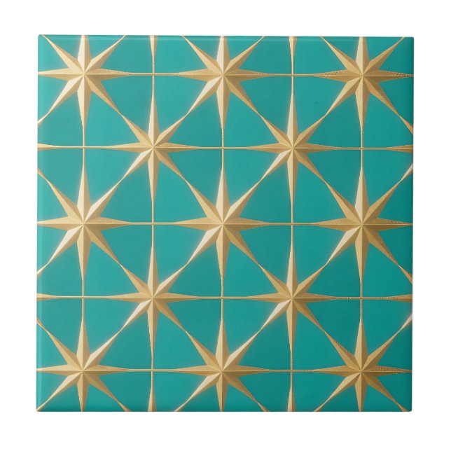 Azulejo Estrella dorada en explosión geométrica turquesa d (Frente)