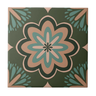 Azulejo Estrella floral retro en tonos de la Tierra profun