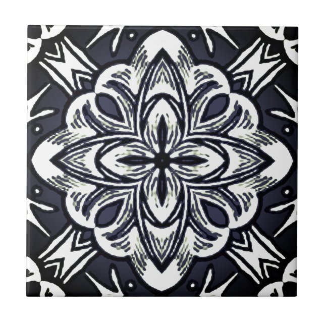 Azulejo Estrella geométrica de acuarela en gris y blanco g (Frente)