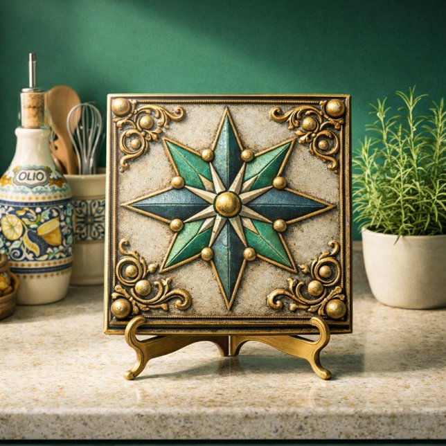 Azulejo  Estrella verde esmeralda y dorada con aspecto vin (Subido por el creador)