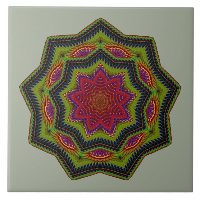 Azulejo Estrella Verde Y Roja De Mandala (Frente)