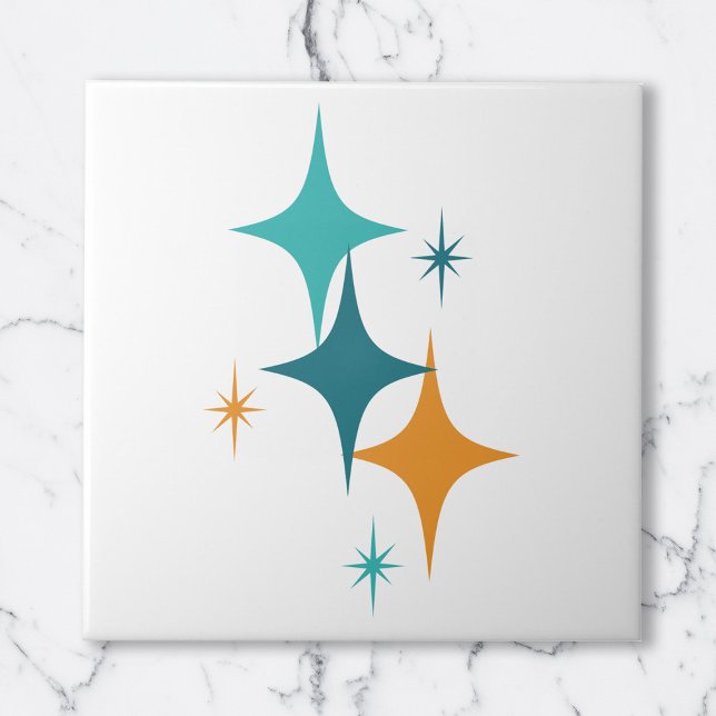 Azulejo Estrellas Atómicas de mediados de siglo en blanco, (Mid Century Atomic Stars White Teal Aqua Orange Ceramic Tile)