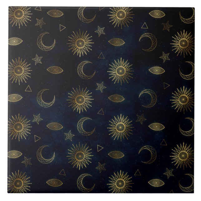 Azulejo Estrellas de luna de oro azul celestial (Frente)