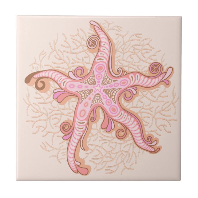 Azulejo Estrellas de mar y coral patrón pastel rosa (Frente)